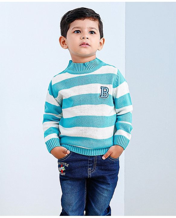 Babyhug Full Sleeves Knit Striped Pullover Text Patch - Aqua Blue
