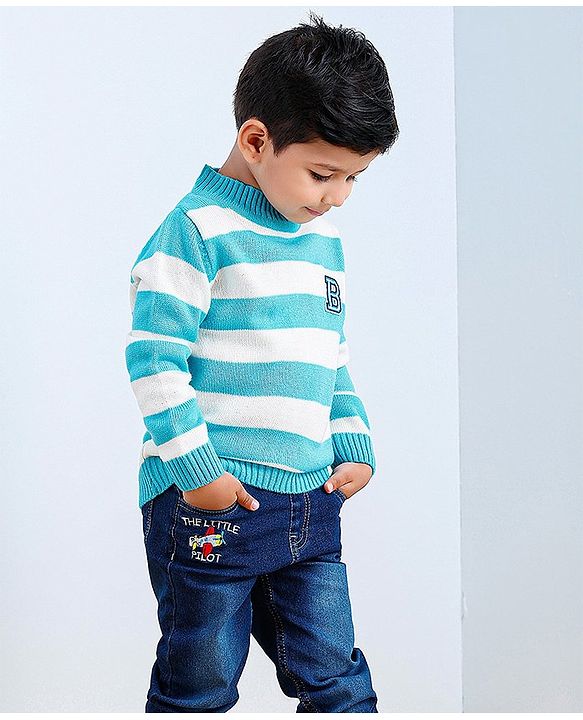 Babyhug Full Sleeves Knit Striped Pullover Text Patch - Aqua Blue