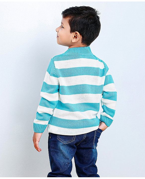 Babyhug Full Sleeves Knit Striped Pullover Text Patch - Aqua Blue