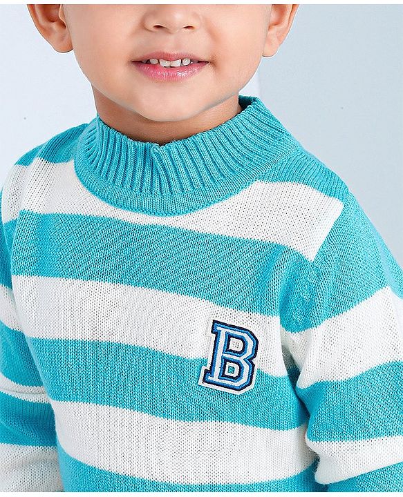 Babyhug Full Sleeves Knit Striped Pullover Text Patch - Aqua Blue