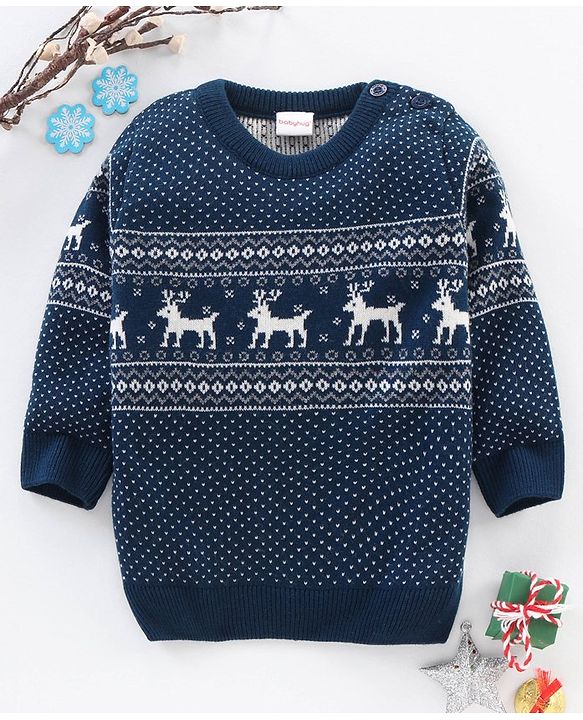 Babyhug Full Sleeves Knit Sweater Intarsia Design - Navy Blue