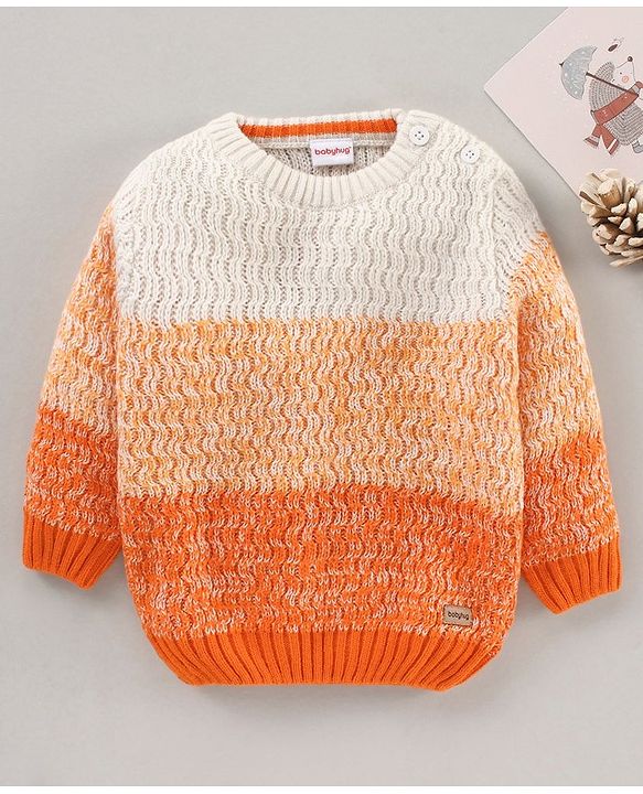 Babyhug Full Sleeves Cable Knit Sweater Color Block Design- Orange