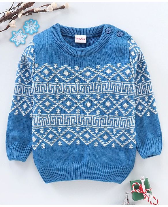 Babyhug Full Sleeves Knit Jacquard Sweater - Blue