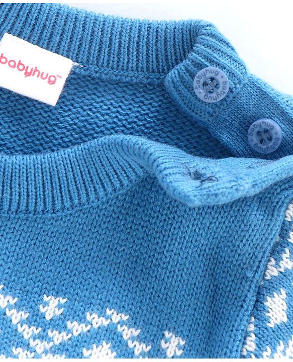Babyhug Full Sleeves Knit Jacquard Sweater - Blue