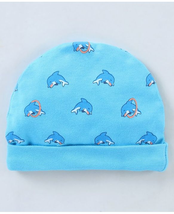 Babyhug 100% Cotton Cap Mitten & Booties Set Dolphin Print Blue - Diameter 12 cm