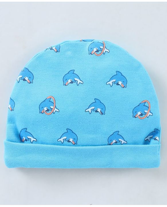 Babyhug 100% Cotton Cap Mitten & Booties Set Dolphin Print Blue - Diameter 12 cm