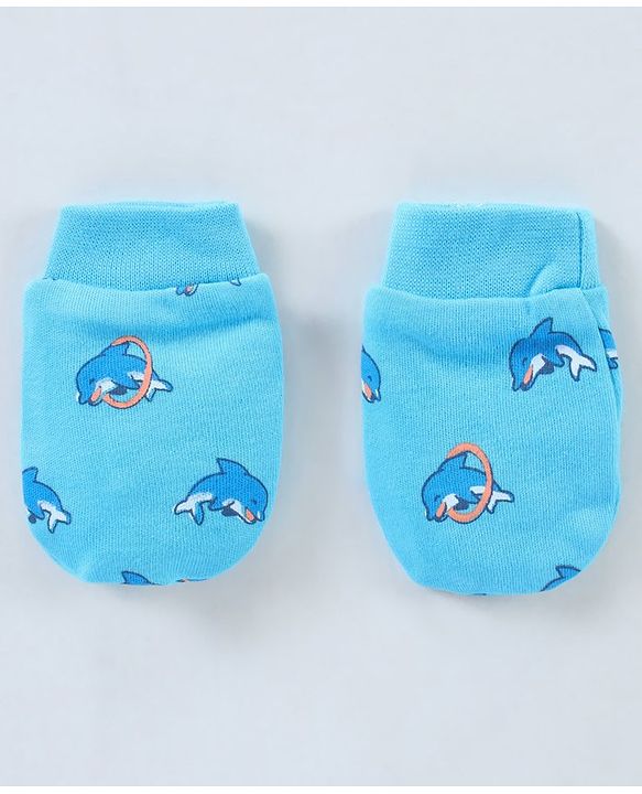 Babyhug 100% Cotton Cap Mitten & Booties Set Dolphin Print Blue - Diameter 12 cm