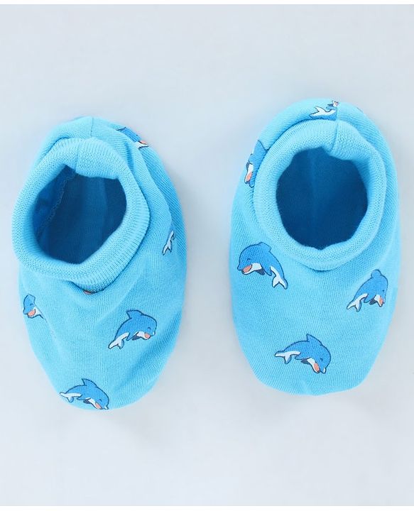 Babyhug 100% Cotton Cap Mitten & Booties Set Dolphin Print Blue - Diameter 12 cm