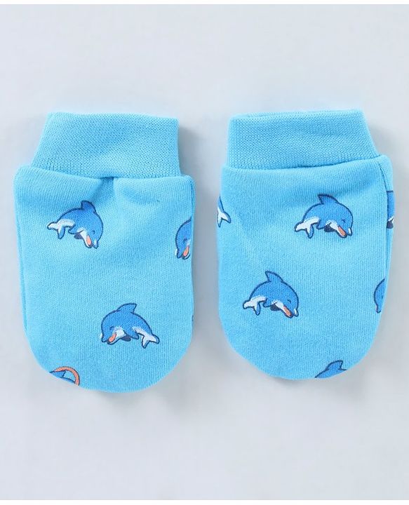 Babyhug 100% Cotton Cap Mitten & Booties Set Dolphin Print Blue - Diameter 12 cm