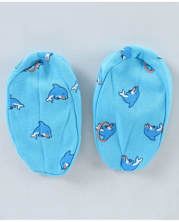 Babyhug 100% Cotton Cap Mitten & Booties Set Dolphin Print Blue - Diameter 12 cm