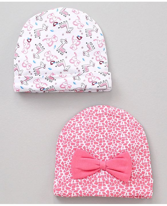 Babyhug 100 % Cotton Caps Printed Pack Of 2 White Pink - Diameter 10.5 cm