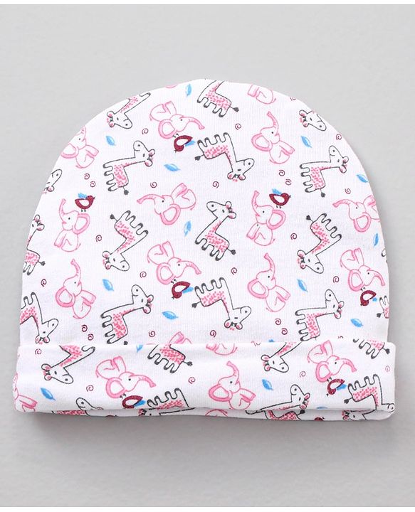 Babyhug 100 % Cotton Caps Printed Pack Of 2 White Pink - Diameter 10.5 cm