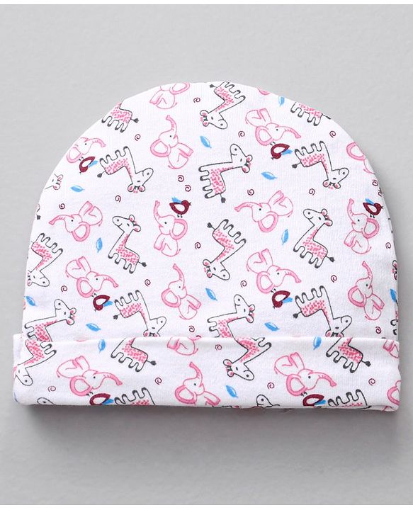 Babyhug 100 % Cotton Caps Printed Pack Of 2 White Pink - Diameter 10.5 cm