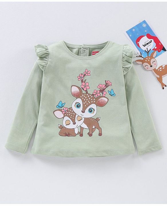 Babyhug Full Sleeves Tee with Graphics And Frill Detailing - Olive Green