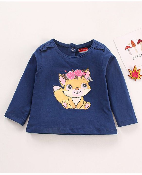 Babyhug 100% Cotton Knit Full Sleeves T-Shirt Fox Print - Navy