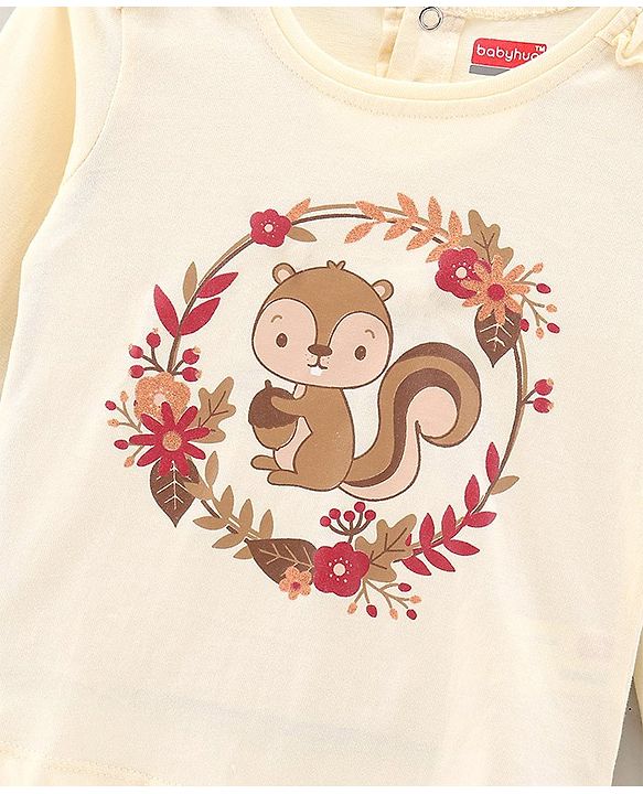 Babyhug Cotton Full Sleeves Frill Detailing T-Shirt Squirrel Print - Cream