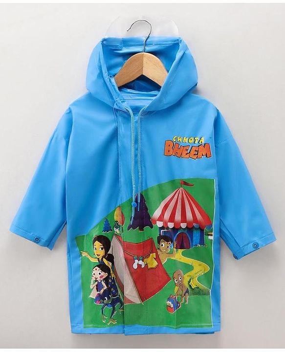 Babyhug Full Sleeves Hooded Raincoat Chhota Bheem Print - Blue