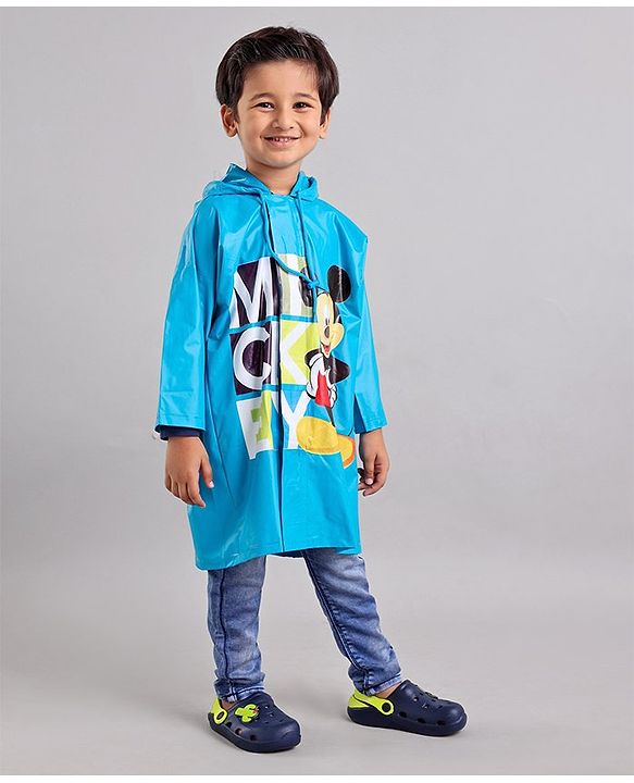 Babyhug Full Sleeves Hooded Raincoat Disney Mickey Mouse Print - Blue