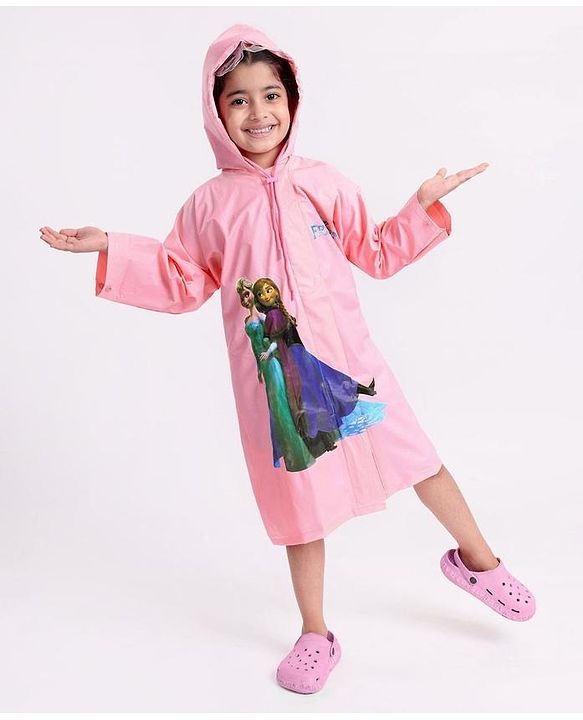 Babyhug PVC Full Sleeves Hooded Raincoat Disney Frozen Print - Pink