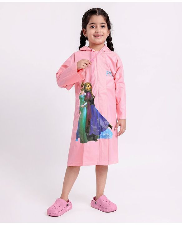 Babyhug PVC Full Sleeves Hooded Raincoat Disney Frozen Print - Pink