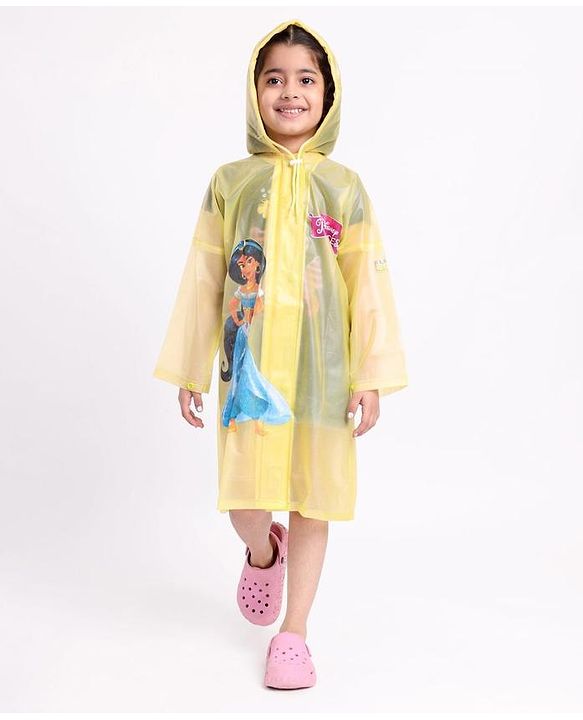 Babyhug PVC Full Sleeves Hooded Raincoat Princess Jasmine Print - Yellow