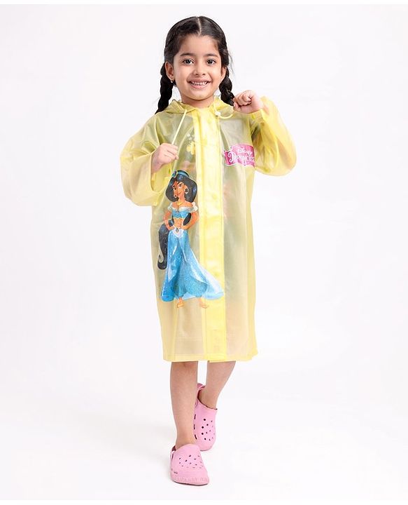 Babyhug PVC Full Sleeves Hooded Raincoat Princess Jasmine Print - Yellow