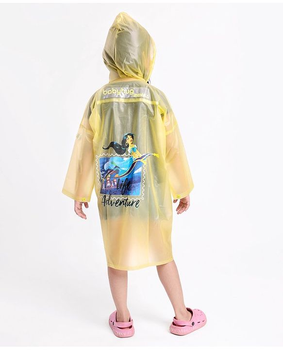 Babyhug PVC Full Sleeves Hooded Raincoat Princess Jasmine Print - Yellow