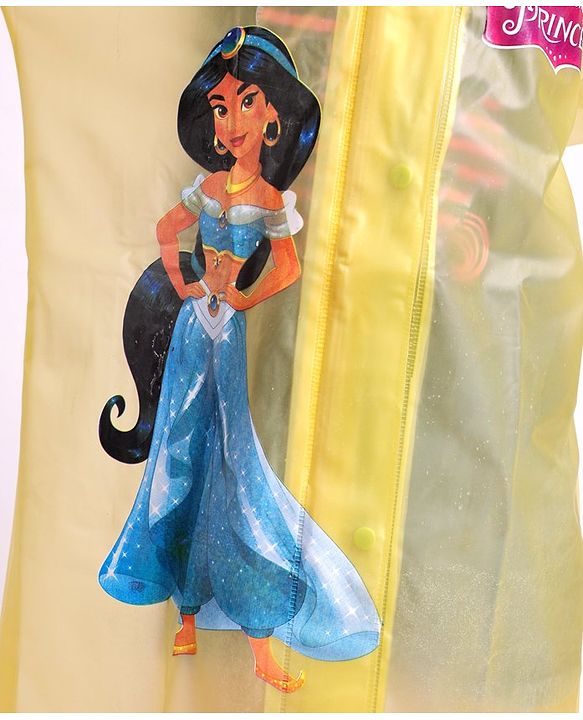 Babyhug PVC Full Sleeves Hooded Raincoat Princess Jasmine Print - Yellow