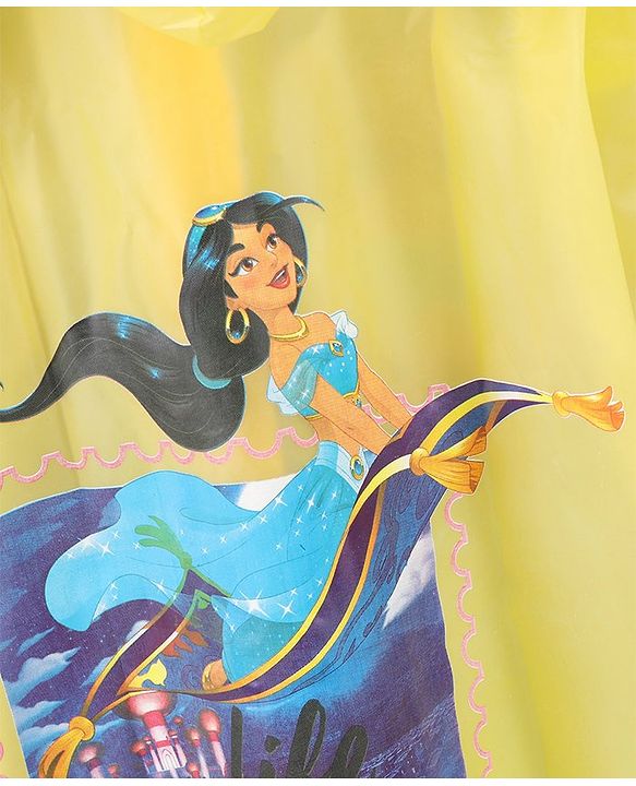 Babyhug PVC Full Sleeves Hooded Raincoat Princess Jasmine Print - Yellow
