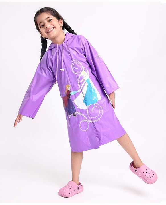Babyhug Full Sleeves Hooded Raincoat Disney Princess Print - Purple