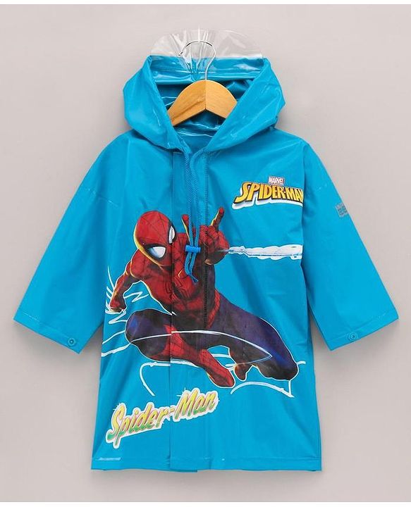 Babyhug PVC Full Sleeves Hooded Raincoat Spiderman Print - Blue