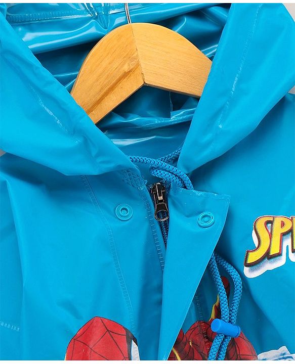 Babyhug PVC Full Sleeves Hooded Raincoat Spiderman Print - Blue