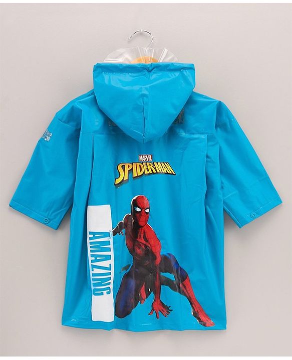 Babyhug PVC Full Sleeves Hooded Raincoat Spiderman Print - Blue