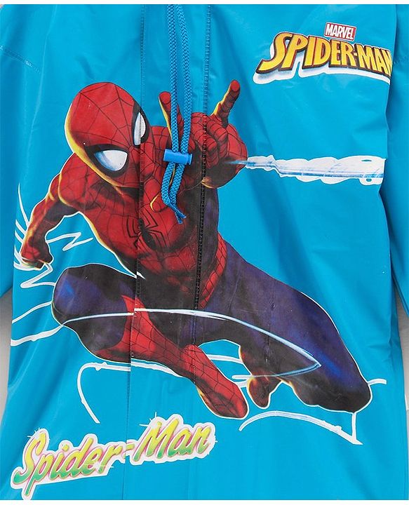 Babyhug PVC Full Sleeves Hooded Raincoat Spiderman Print - Blue