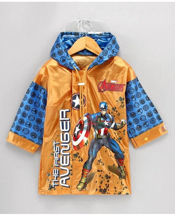 Babyhug Full Sleeves Hooded Raincoat Marvel Avengers Print - Blue Yellow