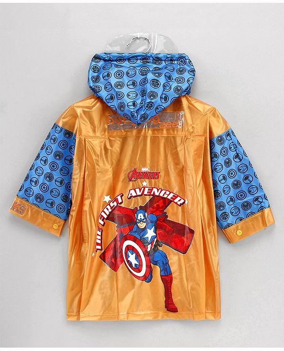 Babyhug Full Sleeves Hooded Raincoat Marvel Avengers Print - Blue Yellow