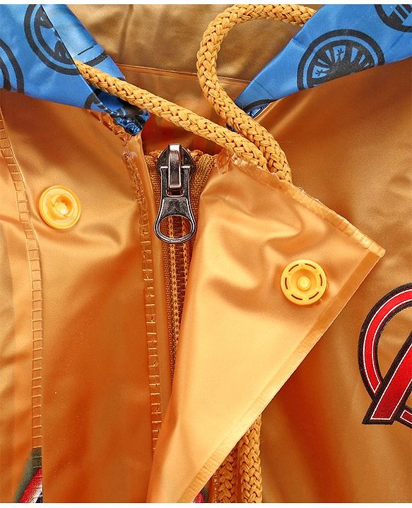 Babyhug Full Sleeves Hooded Raincoat Marvel Avengers Print - Blue Yellow