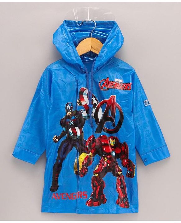 Babyhug Full Sleeves Hooded Raincoat Marvel Avengers Print - Blue