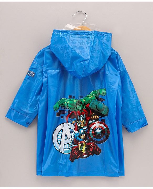 Babyhug Full Sleeves Hooded Raincoat Marvel Avengers Print - Blue