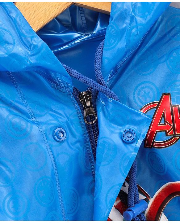 Babyhug Full Sleeves Hooded Raincoat Marvel Avengers Print - Blue