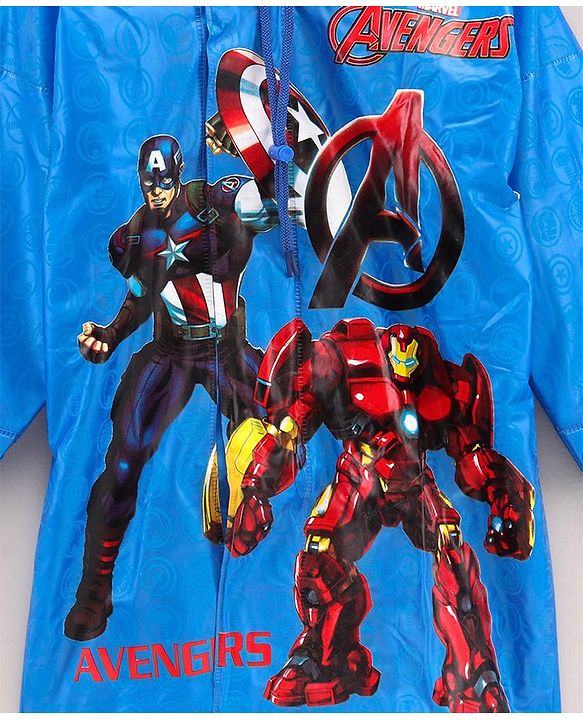 Babyhug Full Sleeves Hooded Raincoat Marvel Avengers Print - Blue