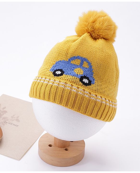 Babyhug Woollen Cap Car Print Yellow - Diameter 11 cm
