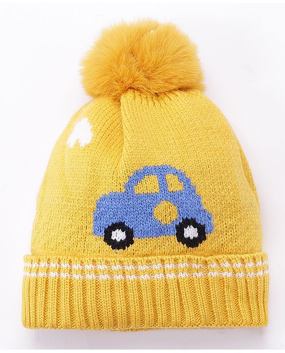 Babyhug Woollen Cap Car Print Yellow - Diameter 11 cm