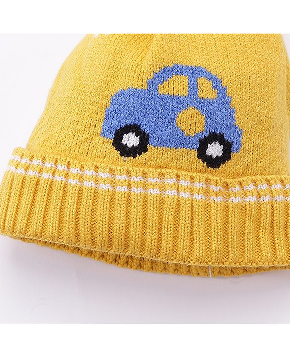 Babyhug Woollen Cap Car Print Yellow - Diameter 11 cm