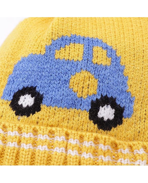 Babyhug Woollen Cap Car Print Yellow - Diameter 11 cm