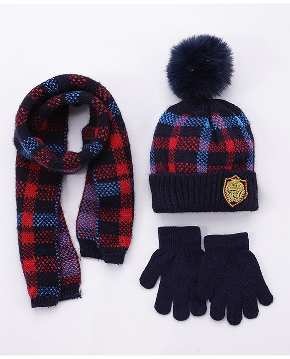 Babyhug Woollen Cap Gloves With Muffler Multicolour - Cap Diameter 8.5 cm