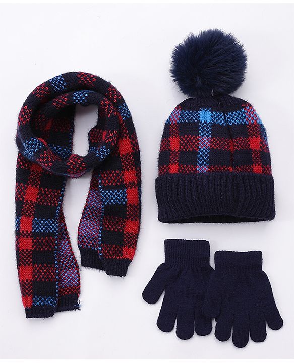 Babyhug Woollen Cap Gloves With Muffler Multicolour - Cap Diameter 8.5 cm