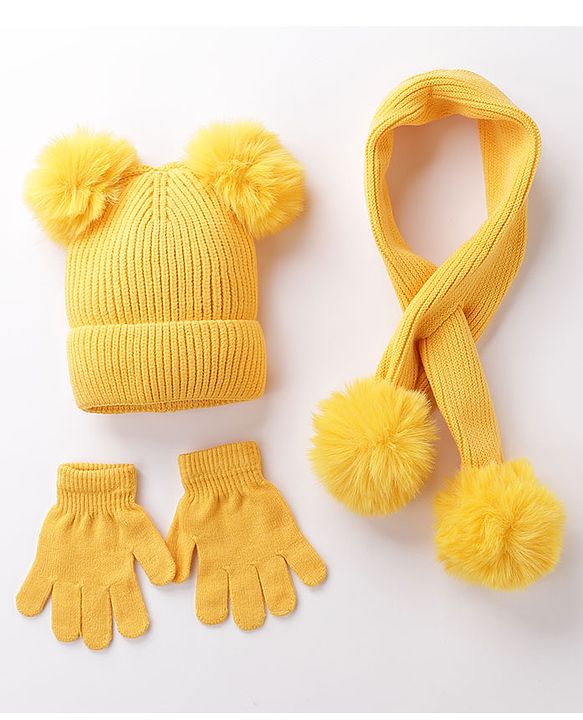 Babyhug Woollen Cap Gloves With Muffler - Yellow