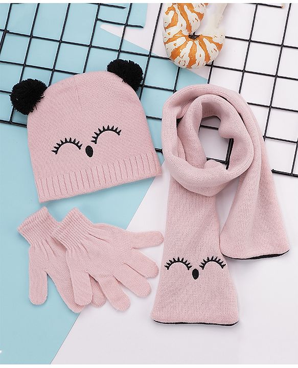 Babyhug Woollen Cap Gloves With Muffler Eye Print Pink - Cap Diameter 10.5 cm