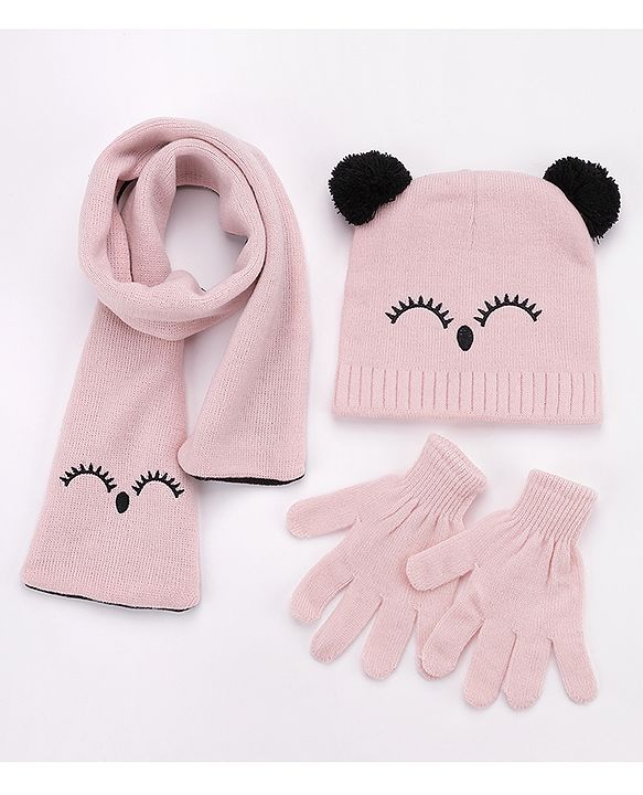 Babyhug Woollen Cap Gloves With Muffler Eye Print Pink - Cap Diameter 11 cm